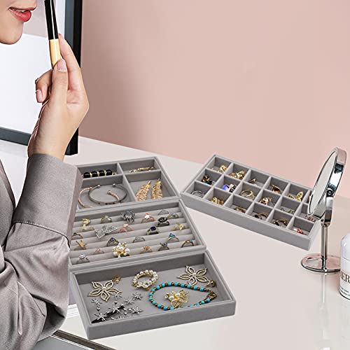 Image of Tasybox Velvet Jewelry Trays Organizer for Drawers, Small Stackable Jewelry Display Tray for Ring Earring Bangle Bracelet Necklace, Set of 4, Gray