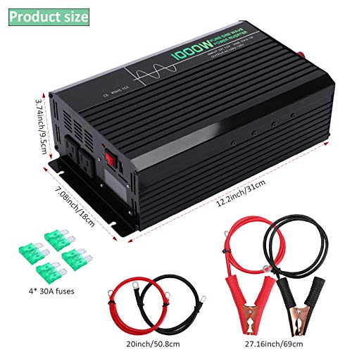 Qukpa 1000W Power Inverter for Car,Pure Sine Wave Power Inverter for Truck with LCD Display and Remote Controller,Car Charger Adapter with 2 AC Outlets and 1 2.1A USB Port,DC 12V to 110V AC Converter