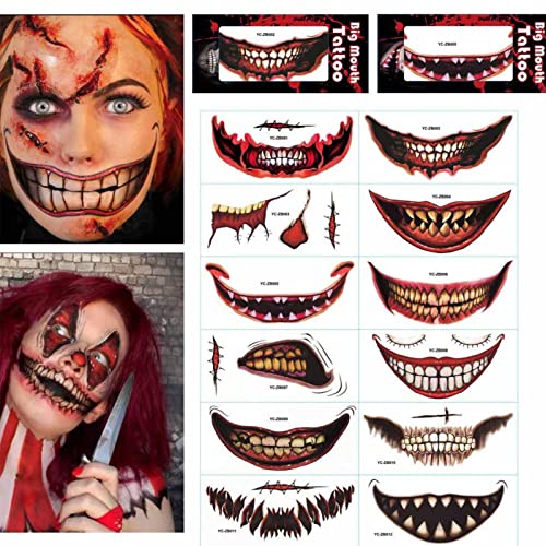 PURULEMCN 12PCS Halloween Clown Horror Mouth Tattoo Stickers,Halloween Temporary Tattoos Face Decals Prank Props for Halloween Cosplay Party Decorations