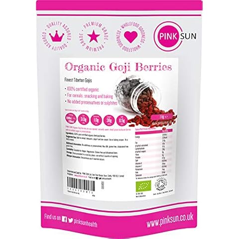 PINK SUN Organic Goji Berries 1kg Raw Natural Sun Dried Gluten Free Preservative Free No Added Sugar or Sulphites Cover