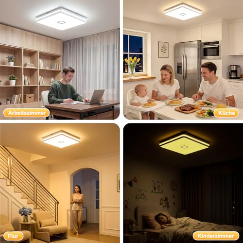 Deckenlampe, 24W LED Deckenleuchte Dimmbar mit APP, 3000-5000K Warmweiß/Naturweiß/Kaltweiß Modern lampe eckig mit Nachtlicht, Badezimmer Lampe decke für Bad Wohnzimmer Küche Flur Schlafzimmer, 32CM