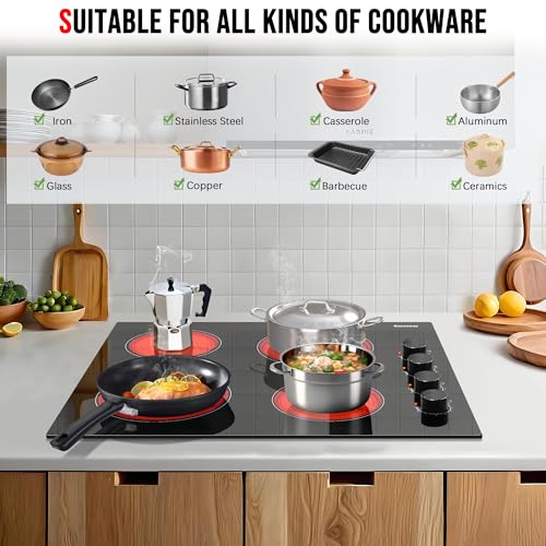 Image of Karinear 24 Inch Electric Cooktop 4 Burners Electric Stove, Knob Control | 6000W High Power Radiant Ceramic Cooktop, Built-in Design, 220-240V Hardwire, No Plug, Overheat Protection(Black Knob)