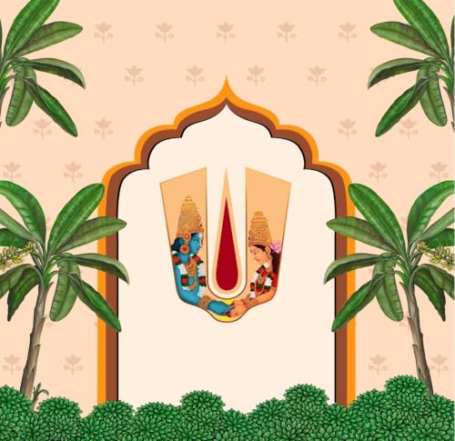 Image of Backdrop Cloth for Decoration Pooja | Srinivasa Kalyanam Backdrop Cloth with Twin Banana Trees and Sacred Namam Frame for Weddings | varalakshmi Background Decoration Cloths 5x5 feet