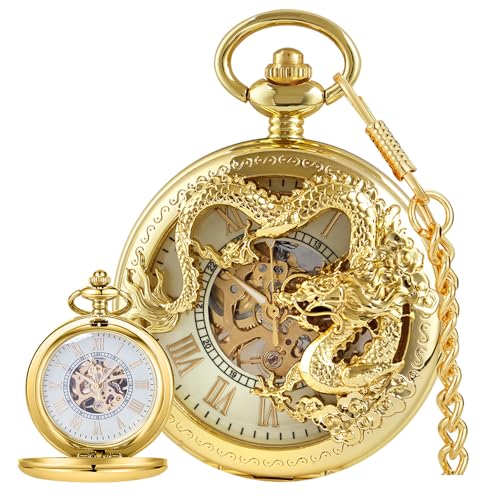 Image of Men's Mechanical Hollow Design Hand Wind Pocket Watch Roman Numerals Steampunk with Chain Box