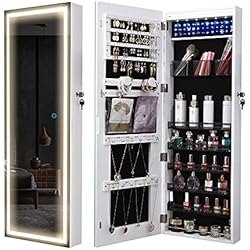 LVSOMT LED Mirror Jewelry Cabinet, Wall / Door Jewelry Organizer Armoire, Full Length Mirror with Jewelry Storage, Over Door Jewelry Cabinet, White
