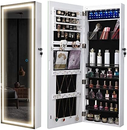 LVSOMT LED Mirror Jewelry Cabinet, Wall/Door Mounted Jewelry Organizer Armoire, Full Length Lighted Mirror with Jewelry Storage, Lockable Over the Door Hanging Body Mirror with 3 Color Lights, White