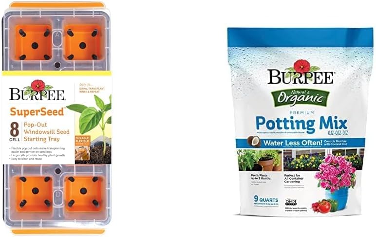 Burpee SuperSeed Windowsill Seed Starting Tray | 8 XL Cell | Seed Starter Tray & 9 Quarts | Premium Organic Potting Natural Soil Mix Food