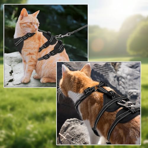 MOTIBACK Katzengeschirr mit Leine Ausbruchsicher, Metallring, Leichtes Weiches Reflektierendes Verstellbares Geschirr für Kleine Katzen zum Spazieren und Reisen. (S)