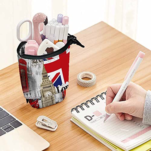 Image of Swono London Symbols Pencil Pouch Vintage England Bigben Double Decker Bus Red Phone Booths England Stand Up Pencil Case Organizer Pencil Holder Makeup Bag Gift Colorful