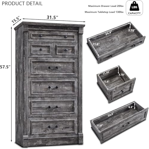 Image of Farmhouse 7 Drawers Dresser for Bedroom, 57 inch Tall Large Dressers & Chests of Drawers w /Roman Column, Storage Dressers Organizer for Bedroom, Hallway, Living Room, Light Grey