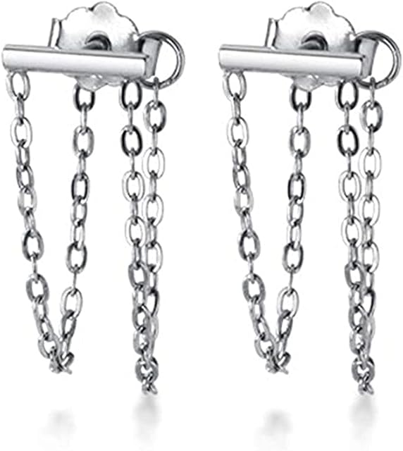 Minimalist Bar Stick Stud Earrings S925 Sterling Silver Tassel Chain Threader Dangle Drop Earring Ear Jackets Piercing Jewelry Gifts for Women Girls Sensitive Ears