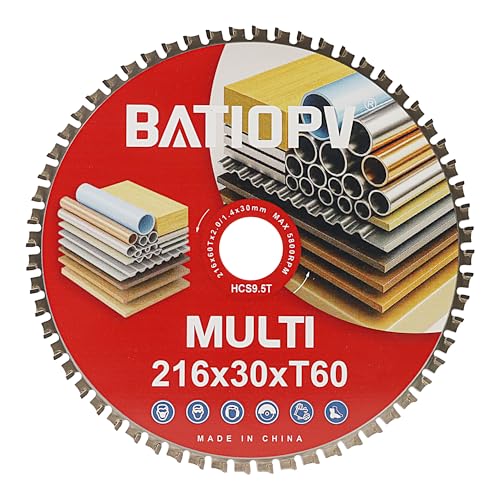 BATIOPV Hoja de Sierra Circular 216 x 30 mm, 60 Dientes – Multi Material para Metal, Acero, Aluminio, Madera, Plástico y Laminado – Disco de Corte Preciso y Duradero