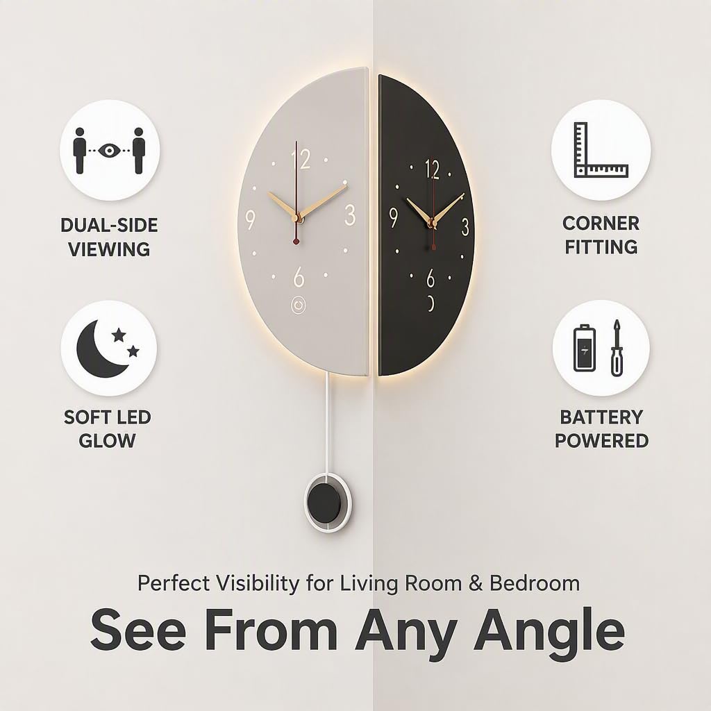 Orologio da Parete angolare con Luce, Orologio Luminoso bifacciale per Soggiorno, Camera da Letto e Ufficio. (7.3 * 14.2in)