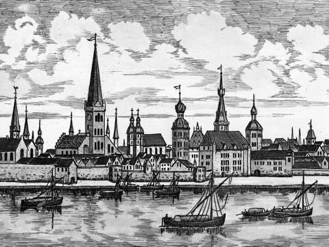 Akwaforta ręcznie drukowana monochromia Düsseldorf, hist. Ansicht z Behrens, odbitka na papierze, nie oprawiona, grafika artystyczna, sztuki projektowania, druk artystyczny