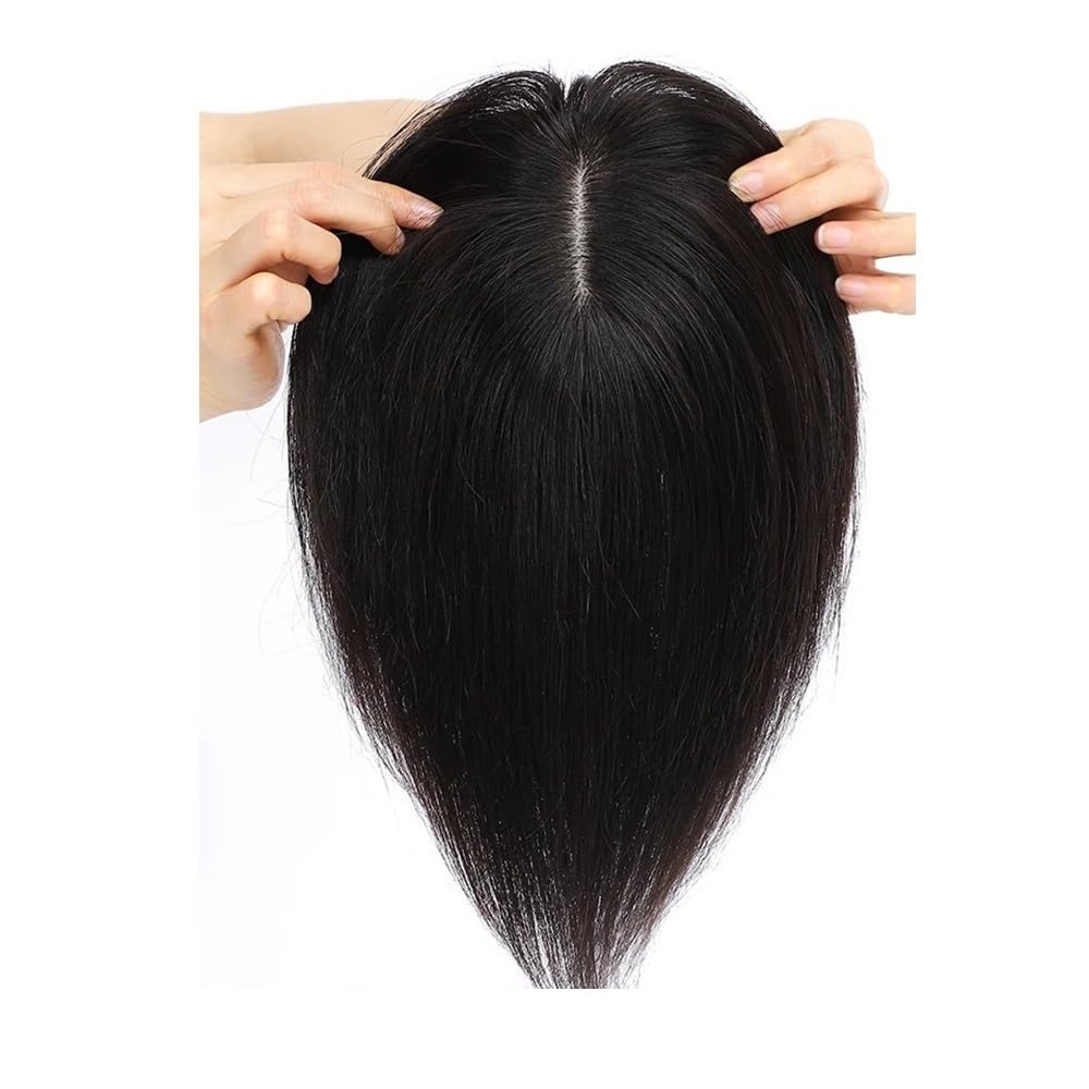 Topper for Frauen, Echthaar, 10 x 12 cm, Seidenbasis, 150 Dichte, Clip-In-Topper-Haarteile, Wiglet-Top-Stücke for mehr Volumen Haar Extensions(Black No Bangs,10inch)