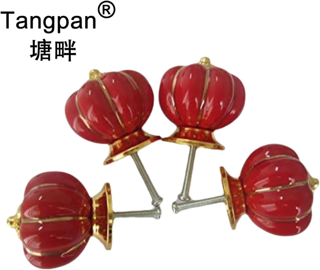 Tangpan 40mm Pumpkin Ceramic Shape Door Handle Porcelain or Earthenware Doorknobs Cabinet Furniture Gold Zine Alloy Base Knobs (10pcs, Red)