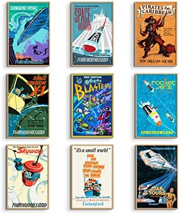 Vintage Disney Posters, Space Mountain, Pirates of the Caribbean, Its a Small World, Star Tours, Astro Blasters, Disney Ride Reproduction Wall Art 11x17 set of 9 Disney Ride Posters for Wall