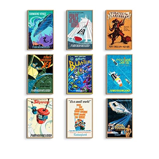 Vintage Disney Posters, Space Mountain, Pirates of the Caribbean, Its a Small World, Star Tours, Astro Blasters, Disney Ride Reproduction Wall Art 11x17 set of 9 Disney Ride Posters for Wall