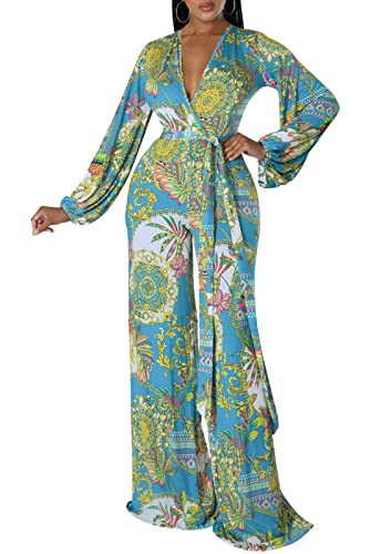 CutieLove Women's Sexy V Neck One Piece Jumpsuits Snake Print Long Sleeve Casual Wide Leg Long Pants Jumpsuits with Belt, Green11210, XXL
