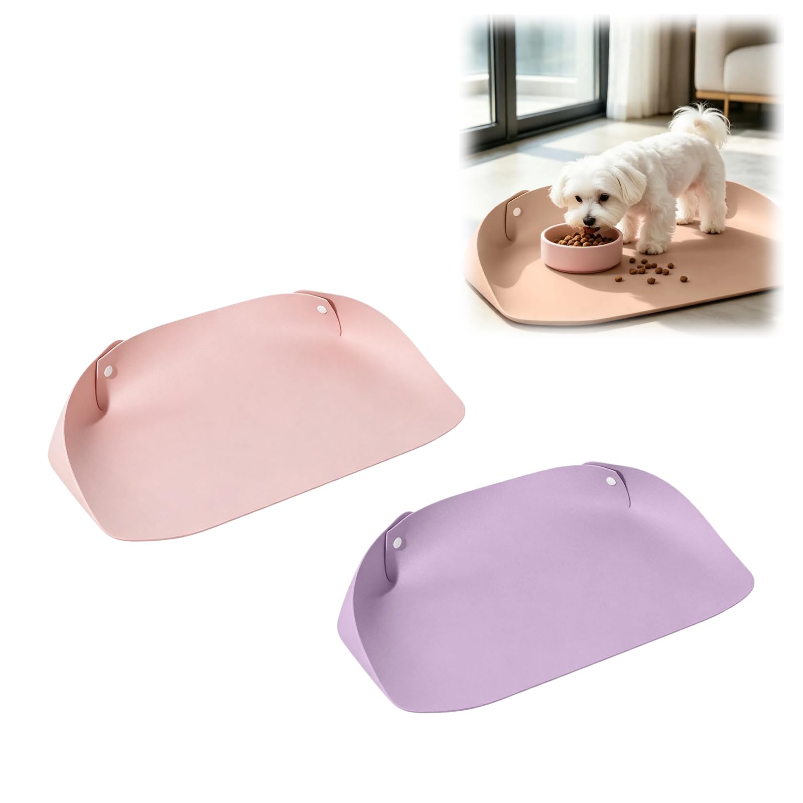 2PC Cat Dog Food Mat, Waterproof Non Slip Leather Pet Feeding Mat for Cats and Small Dogs, Easy Clean Raised Edge to Contain Spills, BPA Free with Grippers (Pink+Purple)