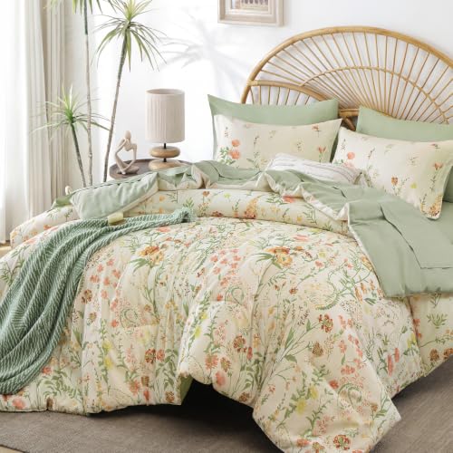 Yiran Beige Floral Comforter Set Queen Size, 7 Piece Cute Comforters Bed in a Bag Khaki Flower, Soft Coquette Cottagecore Aesthetic Botanical Bedding Set with Sheets for Women Girls