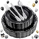 DaYammi 150 Pcs Black Silver Plastic Plates & Silver Plastic Silverware,Black silver Disposable plates for Include 30 Dinner Plate,30 Dessert Plate,30 Knives,30 Forks,30 Spoons for New Year Party