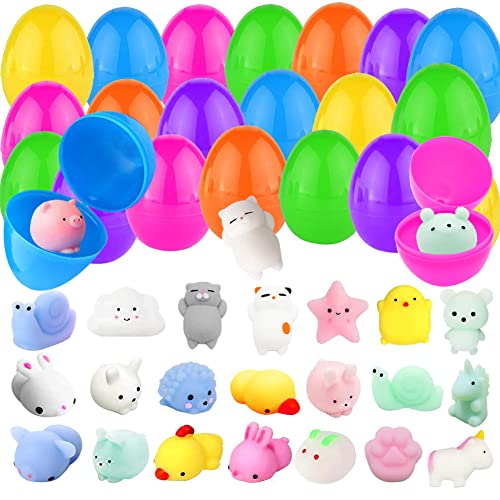 24 Pcs Easter Eggs Prefilled with Mochi Squishy Toys, Plastic Bright Easter Eggs with Kawaii Animals Mochi Squishy for Kids Easter Party Favor, Easter Basket Stuffer, Easter Eggs Hunt Supplies