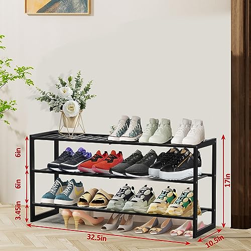 Bamboo-Shoe-Rack-for-Closet-Stackable-3-Tier-Longer-Shoe-Organizer-Shelf-Holder-Storage-12-15-Pairs-for-Entryway-Door-Hallway-Bedroom-Garage-Space-Saving-Foldable-Black Bamboo Shoe Rack for Closet Stackable 3 Tier Longer Shoe Organizer Shelf Holder Storage 12 15 Pairs for Entryway Door Hallway Bedroom Garage Space Saving Foldable Black