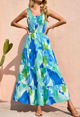 Image of PRETTYGARDEN Smocked Tank Floral Maxi Dresses for Women 2026 Wedding Guest Dress Sleeveless Flowy Long Sundress with Pockets