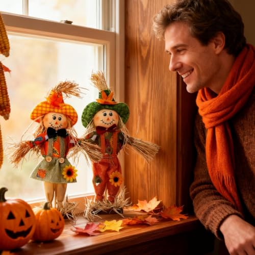 Espantapájaros para otoño y Halloween con dos figuras de jardín verticales para exterior 3