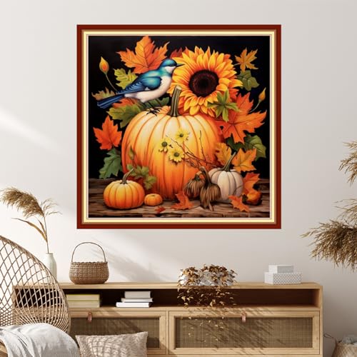 Image of Dimxvean Stamped Cross Stitch Kits,Cross Stitch Kits for Adults Beginners,Embroidery Kits Full Range of Cross Stitch Stamped Kits Needlepoint Kits Cross Stitch PatternsBird Pumpkin 18x18 inch