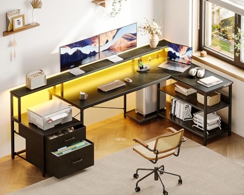 ODK L Shaped Desk with File Drawer, 75" Reversible L Shaped Computer Desk with Power Outlet & LED Strip, Office Desk with Storage Shelves, Gaming Desk with Monitor Shelf, Corner Desk, Black - Image 3