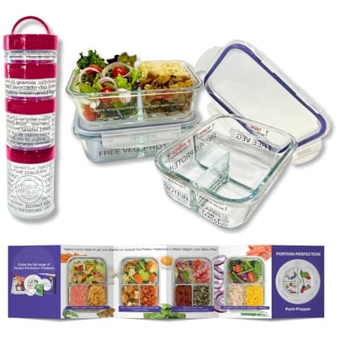 Portion Perfection Portion Control Container - Glass Meal Prep Containers Reusable for Food/Lunchbox 3pk plus 4 Piece Stackable Snack Container | To Go Containers with Lids for Weight Loss Cover