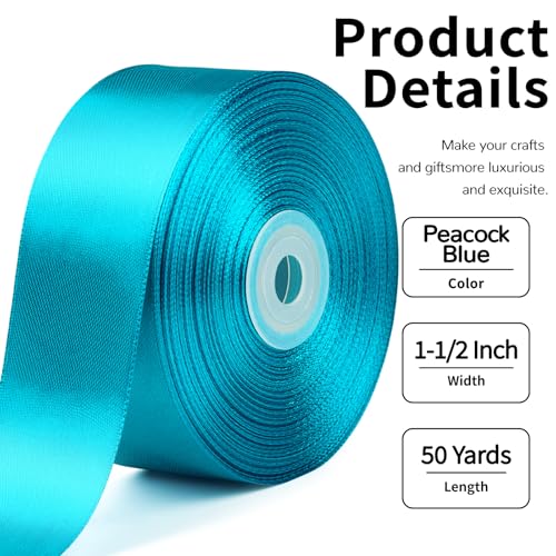 Image of Mauproy 1-1 /2 Inch Wide Peacock Blue Satin Ribbon, 50 Yards Turquoise Solid Polyester Fabric Ribbon for Roses Making, Gift Wrapping, Flower Bouquets, Wedding Decorations, Handmade Crafts