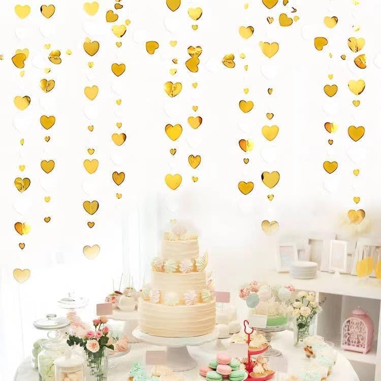 26Ft White Gold Heart Garland Hanging Paper Love Heart Streamer Banner for Baptism Engagement Anniversary Valentines Day