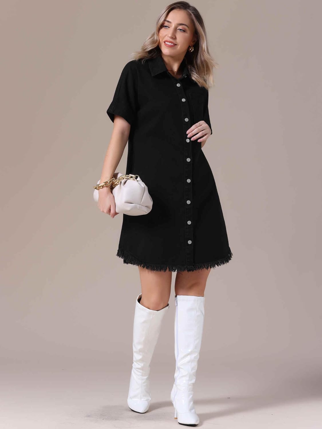 Womens Short Sleeve Denim Dress 2025 Collared Button Front Jean Dresses - Image 3