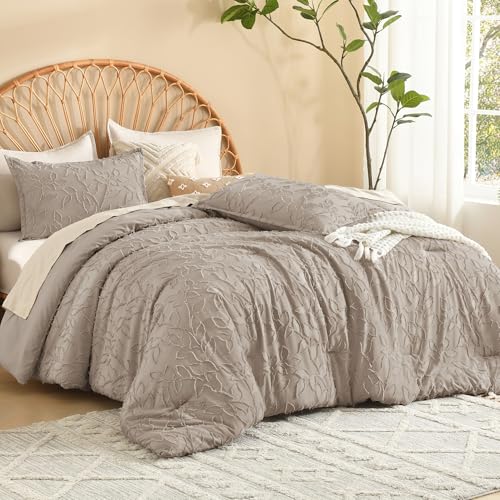 Image of Litanika Queen Size Comforter Set Light Coffee, 3 Piece Cream Boho Tufted Bedding, Fluffy Farmhouse Bed Set for All Season with 2 Leaf Pattern Pillowcases(90x90In)