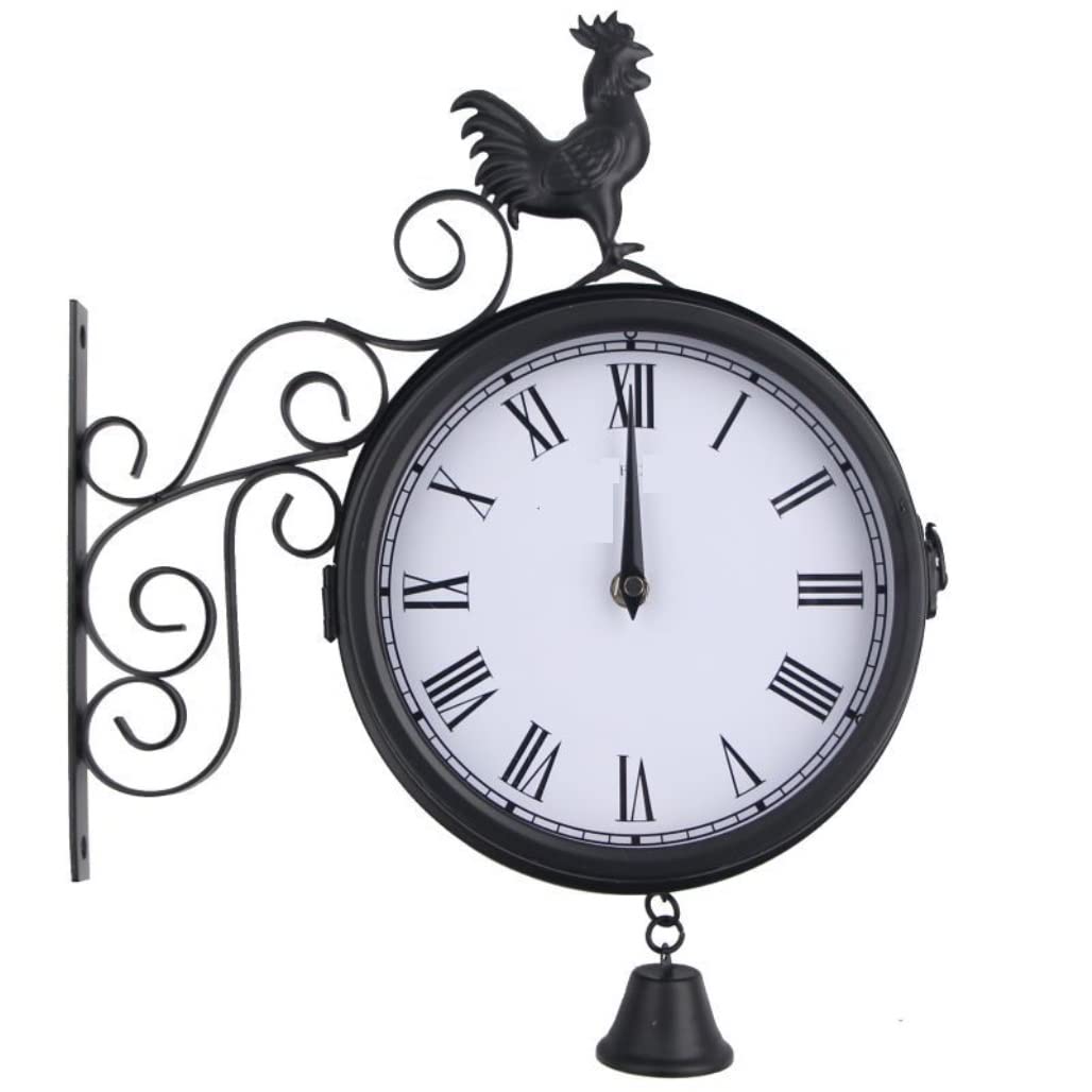 XFNVXC Wall Clock for Bedroom Outdoor Garden Wall Clock Double Sided Cockerel Vintage Retro Home Decor Wall Clock for Living Room (Black 31 * 38 * 9cm)