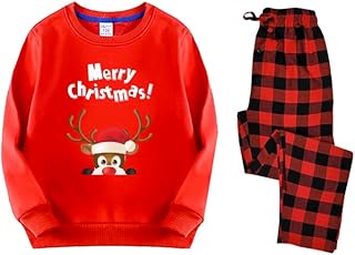 طقم بيجامة للكريسماس، سويت شيرت بطبعة غزال الرنة مع بنطلون منقوش، احمر واسود، قطعتين مقاس (L)