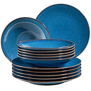 MÄSER 931946 serie Ossia bordenset voor 6 personen in een mediterrane vintage-look, 12-delige moderne dinerset met soepborden en dinerborden, koningsblauw, steengoed