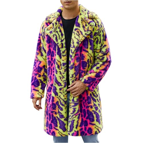 Cambkatl Men's Colorful Leopard Luxury Faux Fur Coat Furry Lapel Collar Long Outerwear Fluffy Winter Warm Cardigans Jacket
