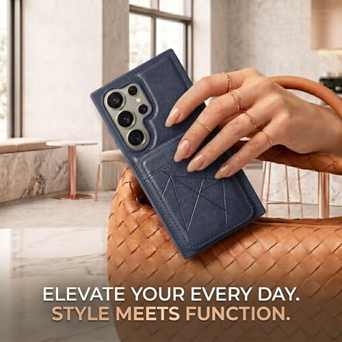 Image of amazon basics Premium Vegan Leather Back Cover with Card Holder and Integrated Mobile Stand for Samsung Galaxy S24 Ultra 5G - Slim Shockproof Wallet Case with Geometric Stitching [Blue]