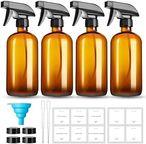 GIVAMEIHF 16oz Amber Glass Spray Bottles,4 Pack Glass Spray Bottles Refillable Empty Bottle with Adjustable Nozzle,Spray Bottle for Cleaning,Essential Oils,Cleaning,Pets,Plant, Hair Mister