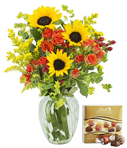 Blooms2Door Sunset Serenity Sunflower Mixed Bouquet with Vase and One Box of Lindt Chocolates