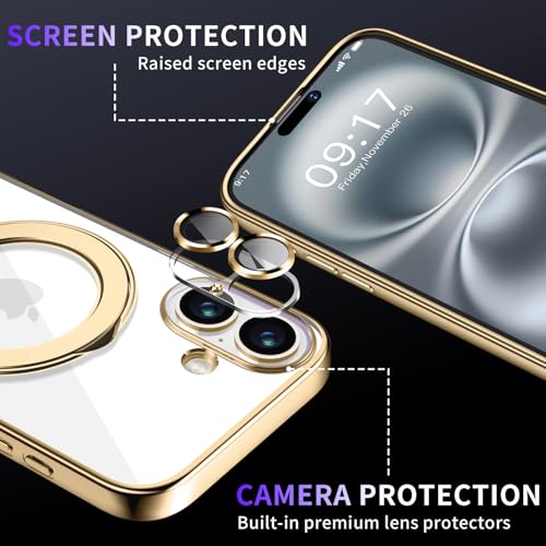 Image of Magnetic for iPhone 16 Plus Case with Invisible Stand[Compatible with MagSafe][Full Camera Lens Protector][Military Drop Protection] Shockproof Not Yellowing Clear Slim Soft for Women Men