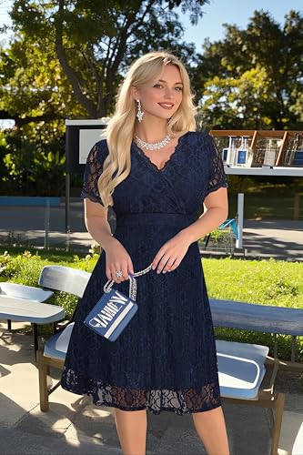 Women's Wedding Guest Plus Size Semi Formal Cocktail Lace Wrap V Neck Short Sleeve Knee Length Dress3