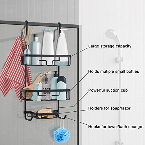 Duwee Over Door Hanging Shower Caddy 3 Tier,Rust Proof Bathroom Shelf Storage Organizer Large,Shower Caddy Hanging Aluminum No Drilled,for Shampoo Conditioner,Matte Black