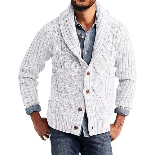 Mens Twists Knitted Sweater Cardigan Cable Knit Shawl Collar Loose Cardigans Stand Collar Cable Knit Button Sweaters (White,Large)