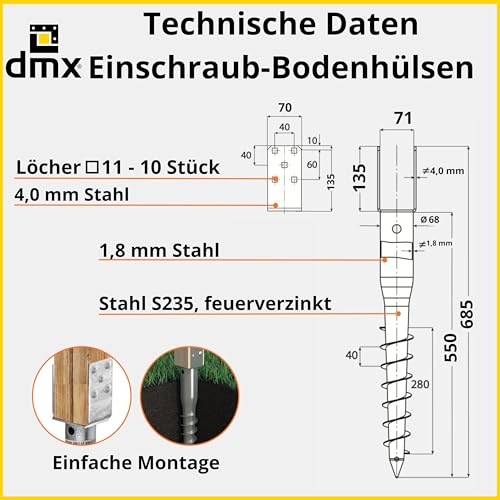 GRUNDLINE - Pfostenträger U Profil - Einschraub Bodenhülsen - Stützenfuß - Einschraubhülsen - U Pfostenträger 70x70 mm - Stutzen - Einschraubbodenhülse - Bodenanker - Pfostenanker