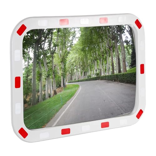 Wiltec Miroir routier 70 x 90 cm convexe, miroir de sécurité carré avec bandes réfléchissantes rouges et blanches, miroir convexe incassable en plastique, miroir de...